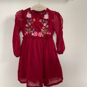 🌾🍂 Cranberry Red Boho Embroidered Toddler Dress